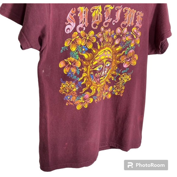Sublime Tropical Flowers Sun T Shirt 100% Cotton Burgundy Red Yellow Size Large - Picture 3 of 9
